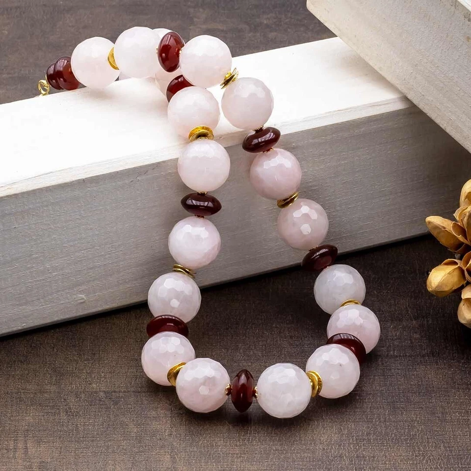 Collana Quarzo rosa e Corniola rossa pietre girocollo dure argento placcato oro - Immagine 4 di 4