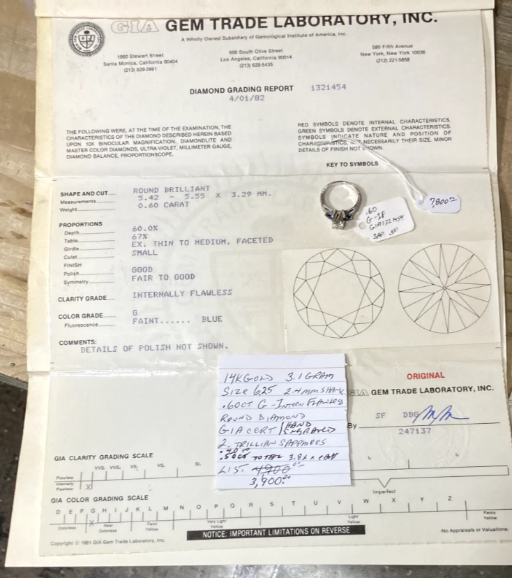 Certificado GIA. Anillo de zafiro de diamantes naturales de 60 quilates internamente impecable de oro de 14 k Foto 2 de 4