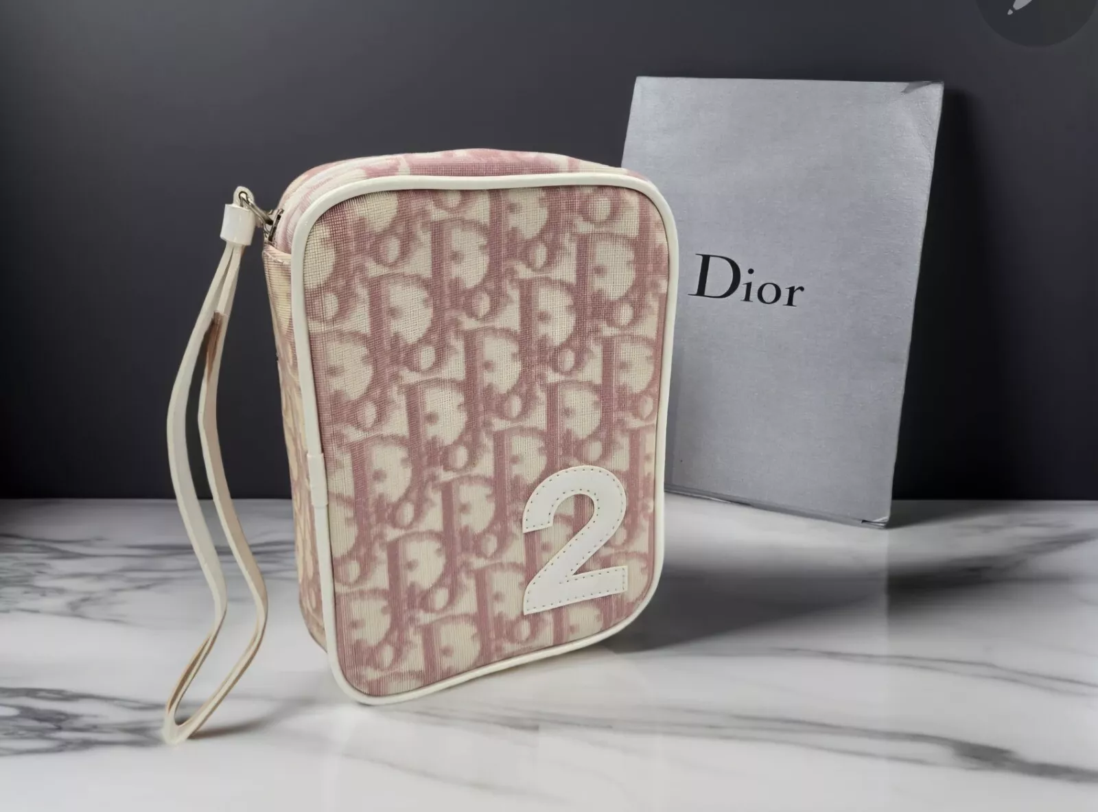 Pochette/sac/pochette Christian Dior authentique trotteur toile cuir rose/blanc