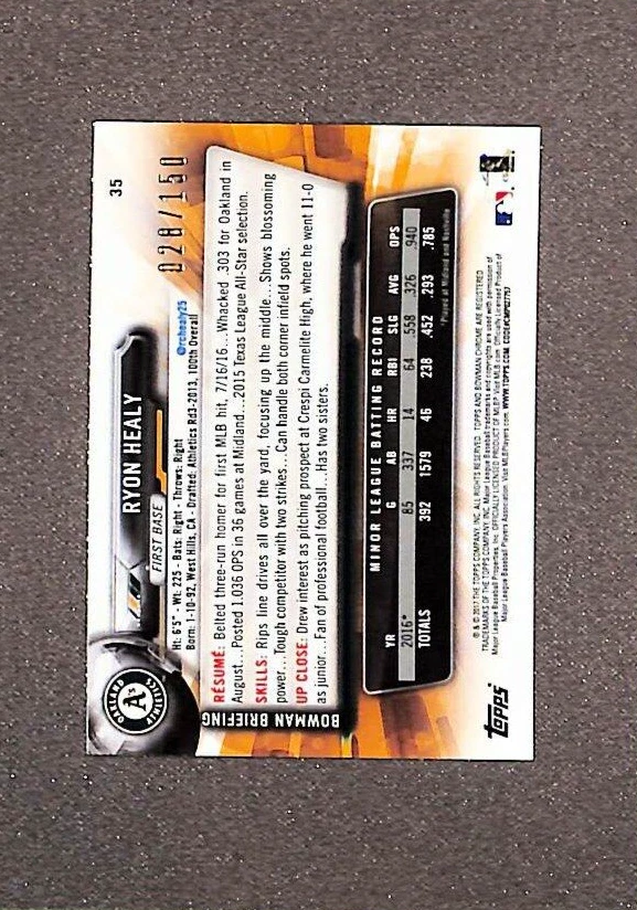 2017 Bowman Chrome #35 Ryon Healy Rookie RC Blue Shimmer SP #/150 - Oakland A's  - Image 2 of 3