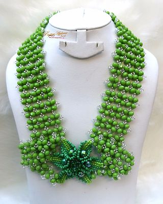 PrestigeApplause Green & Silver Signature Design African Beads Necklace Jewelry
