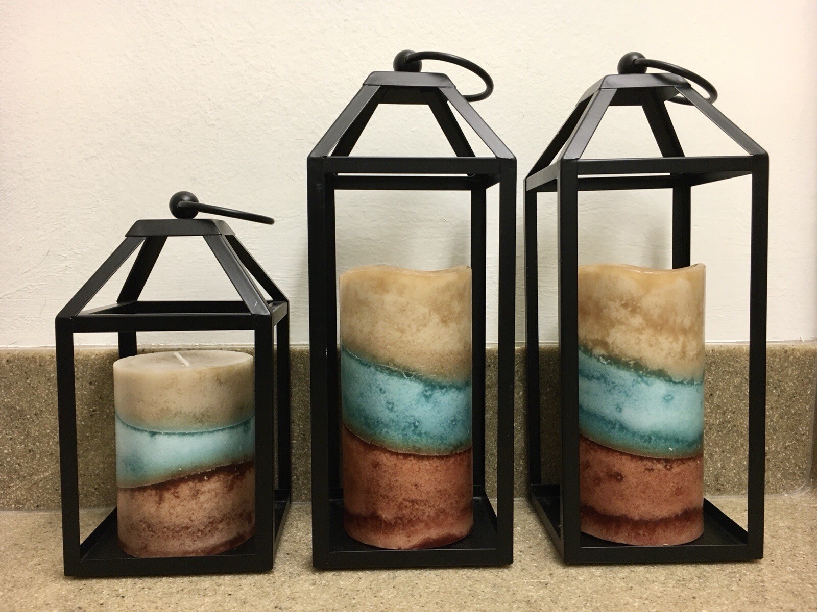 3 Sets Layered Pillar Candle With Lantern Holder-1 Candle & 2 LED Candles