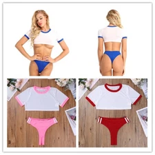 Sexy Womens School Girl Outfit Fancy Dress Costume Uniform Sheer Crop Top Briefs