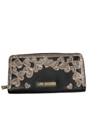 NWT New Love Moschino Black Leather Zip Around Long Wallet with Logo & Hearts