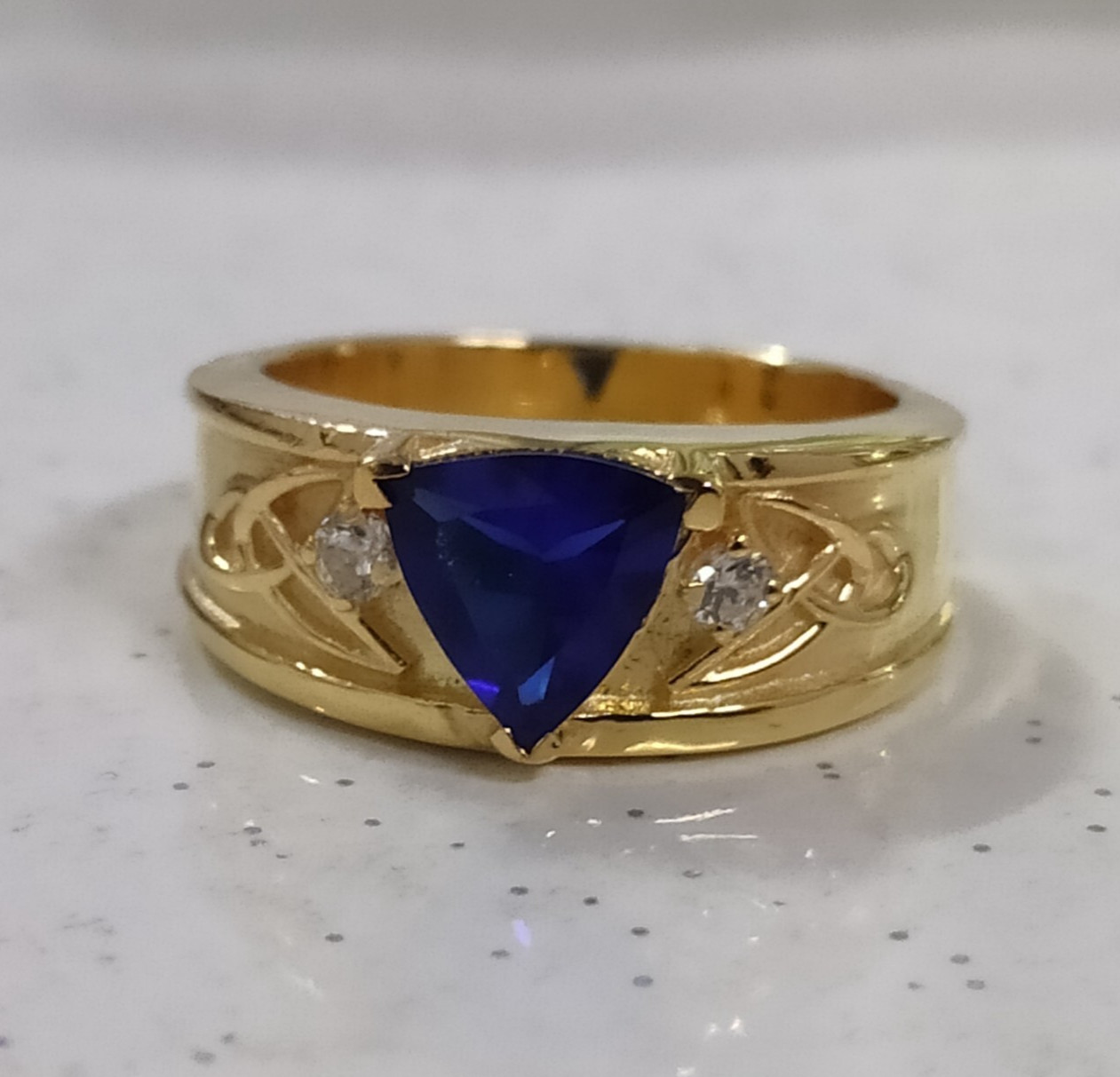 14k Yellow Gold Simulated Blue Sapphire September Birthstone Men's Ring.