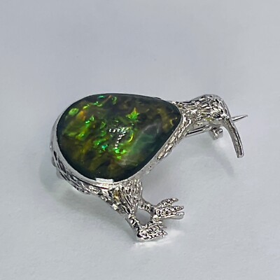 VTG Pin Brooch Bird Piper Signed ST.SIL Abalone Kiwi Silver Tone Beach Lapel