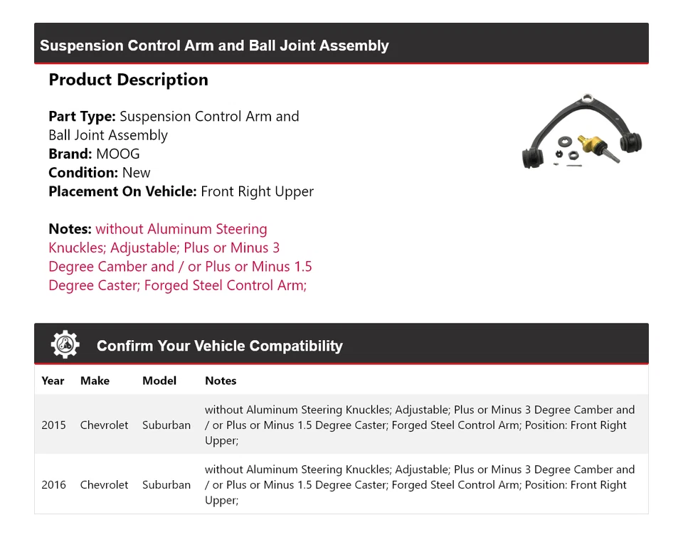 适用于 2015 - 2016 雪佛兰 Suburban 控制臂右前上部 MOOG — 第 2/4 张图片
