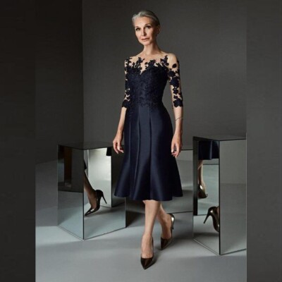 chinese dress ladies Short Sleeves Knee Length Sequins Lace Mother of The Bride Dress, Black main image 1