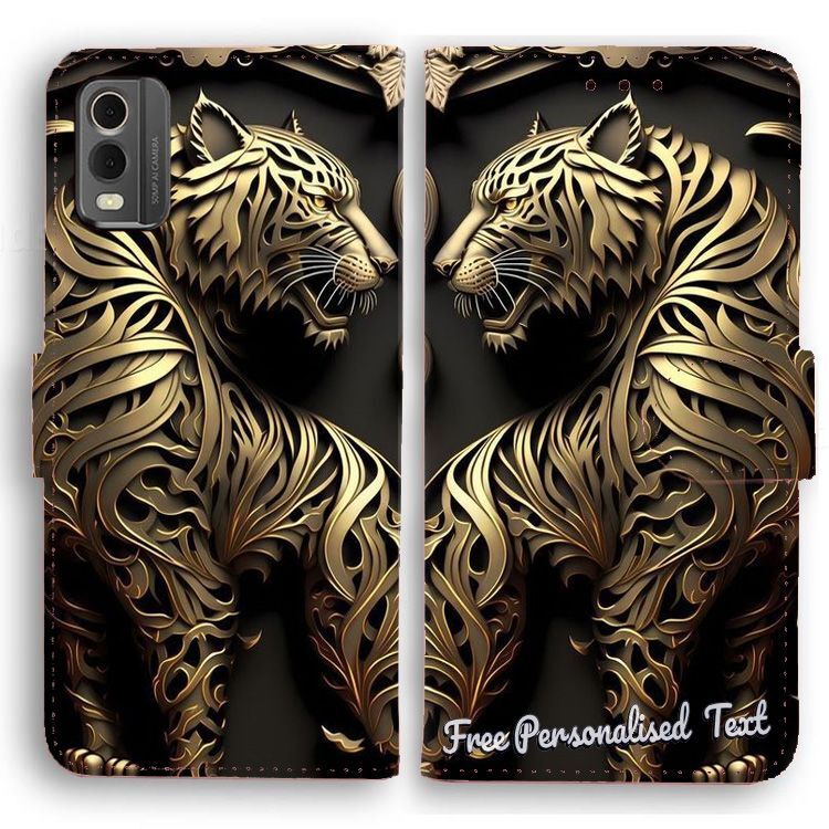 Personalised Text Wallet Phone Cover For LG Series - 3D Gold Tiger Theme