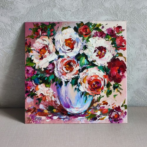 original oil painting Rose bouquet flowers artwork Floral wall art 12*12 inch - Picture 11 of 14