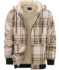 Mens Plaid Hoodie Winter Zip Up Sherpa Fleece Lined Flannel Jacket Khaki X-Large