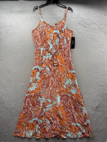 PALM ANGELS Abito MSK Maxi Increspato Strap Cravatta Anteriore Paisley Arancione Acqua Resort Wear Donna L