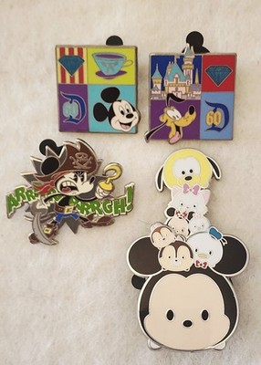 Disney Pin Lot Of 4. Pirate Mickey, Tsum Tsum Stack, 2-60 Anniversary Pins