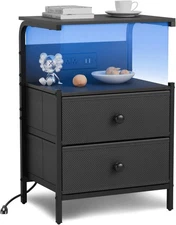 Nightstand with Charging Station and LED Lights, Side Table Select Color 