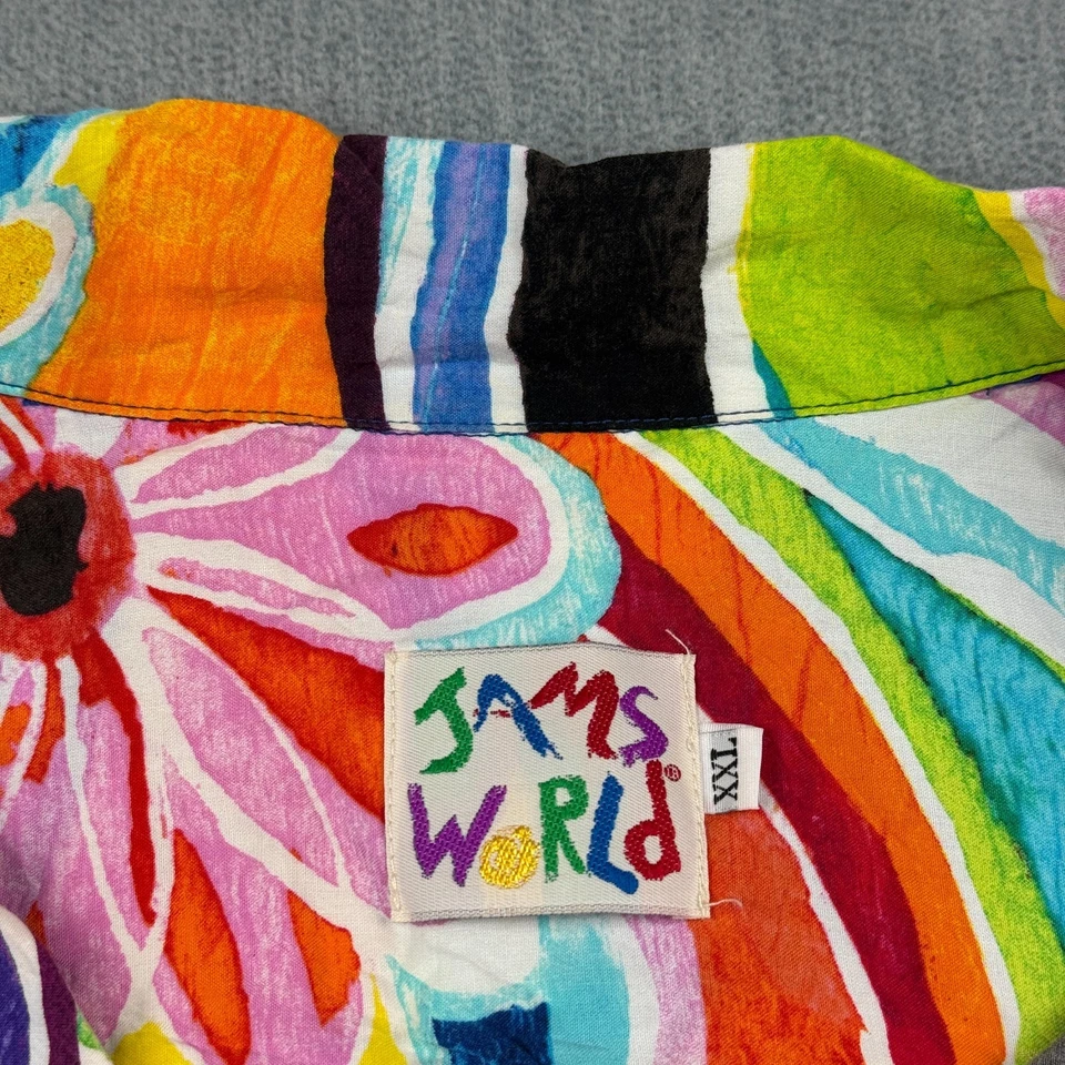 Camisa Jams World feminina 2XL XXL colorida abstrata Deja Vu floral havaiana anos 90 - Imagem 3 de 4