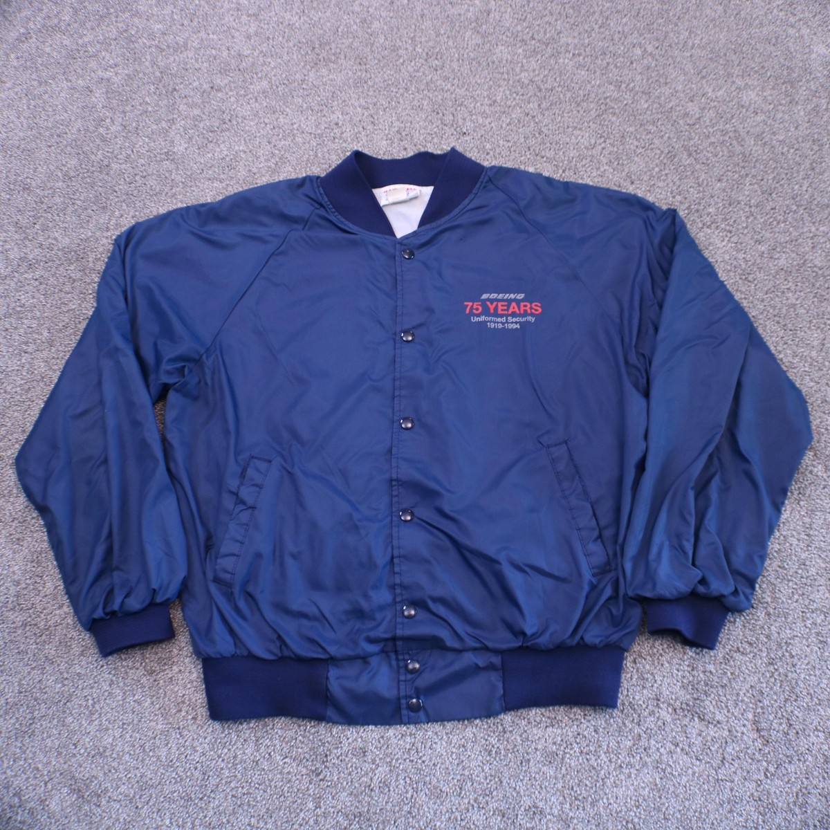 Vintage Boeing Jacket Mens Large Navy Snap Button Bomber Made USA