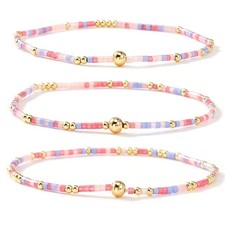 Dainty Gold Plated Tiny Pink Rice Beaded Stack Bracelets Sets for Women,Stackabl