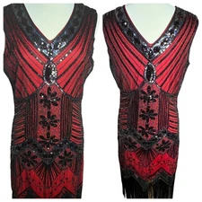 Vintage-Inspired Red & Black Beaded Flapper Dress Fringe Size XL 1920s Gatsby