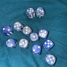 Dice D6 Set Of 12 Swirled Dice 16mm Blue And Silver With White Pips