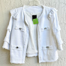 Pinko 3/4 Sleeve Open Front Ruffle Cropped Tweed Jacket White Women's Size Us 6