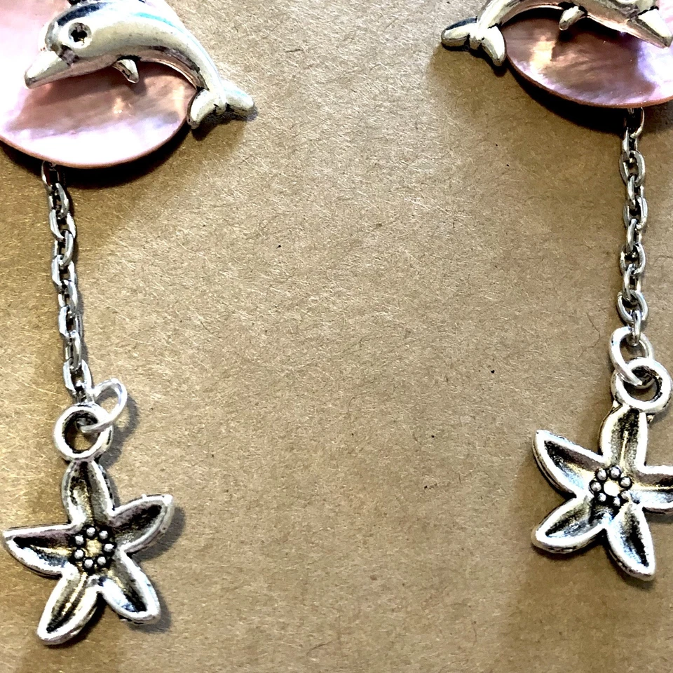 Pendientes 3D Delfín con Concha Disco y Estrella de Mar 925 Palanca Trasera Artesanal EE. UU. 1900 Foto 3 de 4