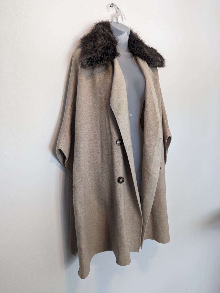 Poncho Zara Cape Jacket Zara Cape Poncho Knit Coat Jacket Faux Fur Beige  Brown UK