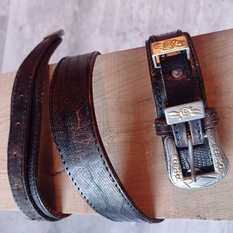 Ceinturon vintage en cuir marron et gris pleine fleur rock Chevignon - Photo 2/4