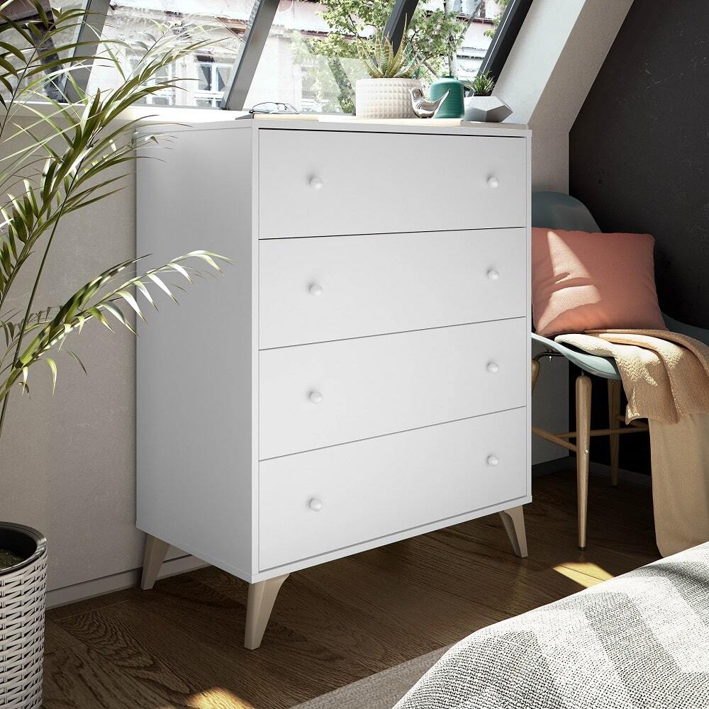 Cómoda de cuatro cajones, 4 patas inclinadas, tiradores forma de bola - Albeta