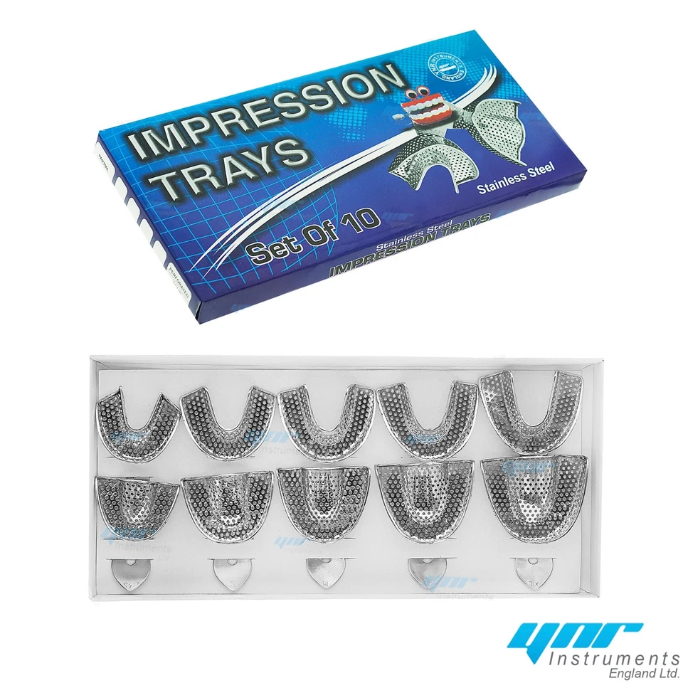 YNR ENGLAND CE YNR Dental Impression Trays Full Denture Perforated Set of 10 SML Upper Lower CE