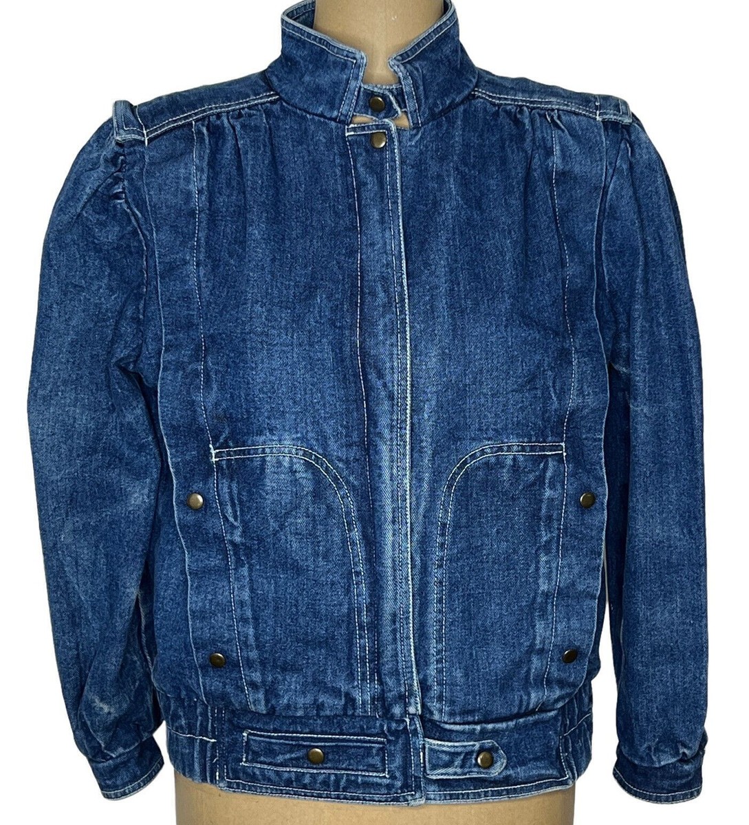 Vintage 80s Puff Sleeve Denim Jean Jacket M Blue Zip Front 100