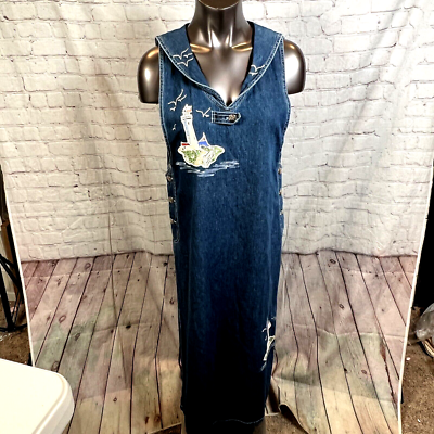 Vintage Haik's Denim Women's Size Medium Maxi Light House's Denim Jumper Dress