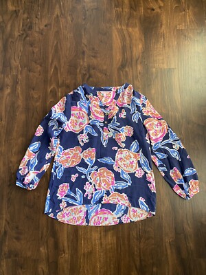 Lilly Pulitzer Alexandra Top Navy Pom Pom 100% Silk Size Medium