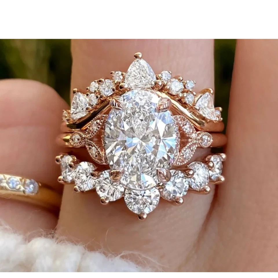 Juego de bandas de oro amarillo de 18 quilates ovaladas de 3 quilates con diamantes creados en laboratorio para boda IGI Foto 2 de 4