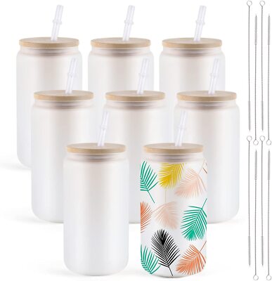 Sublimation Glas Leerzeichen mit Bambusdeckel - 16oz Frost Sublimation (8 PACK）