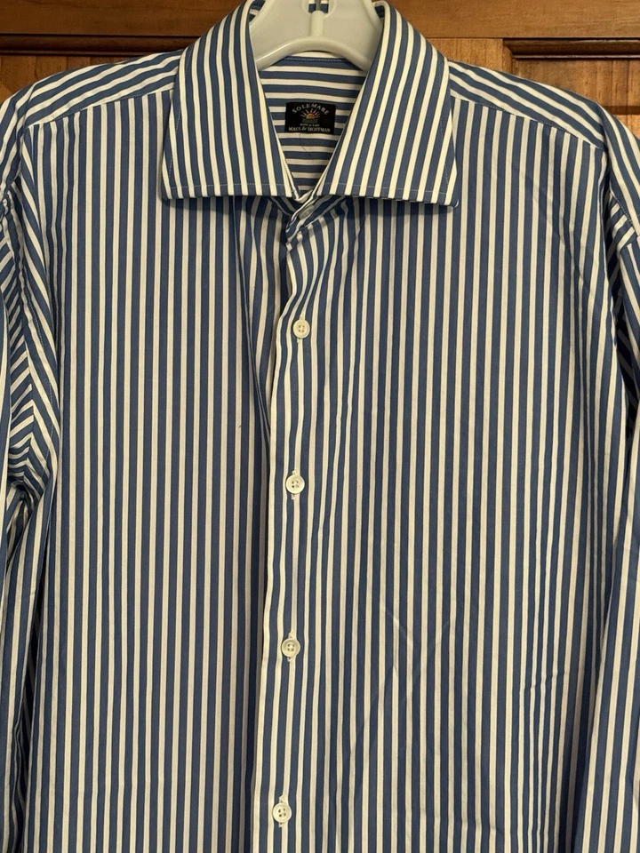 Solemare Maus Hoffman Men Size 16.5 Blue White Striped Shirt Button Down Italy - Image 3 of 4
