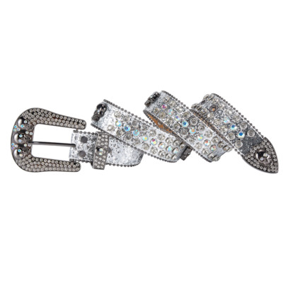 Womens Black & Silver Skull Moto Biker Western Silver Stud Rhinestone Bling Belt Unisex Rhinestone Bling Belt - Black and Silver - Skulls  main image 3