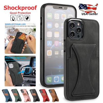 For iPhone 16 Pro Max 15 14 13 12 11 XR Magnetic Leather Wallet Card Holder Case