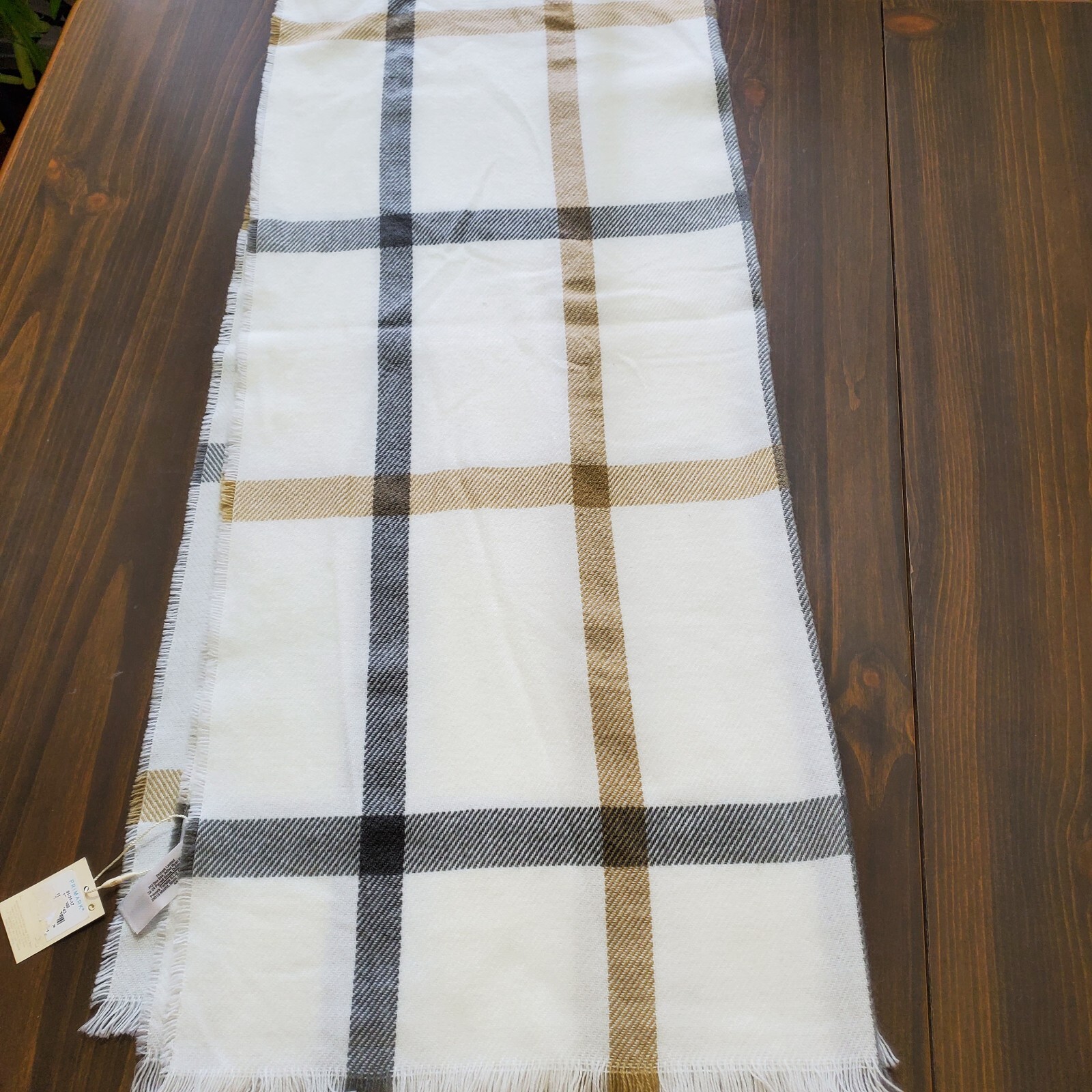 Primark Shawl Wrap Scarf Cream Beige Gray Plaid Reverse Self Fringe 28x70" NEW image 5