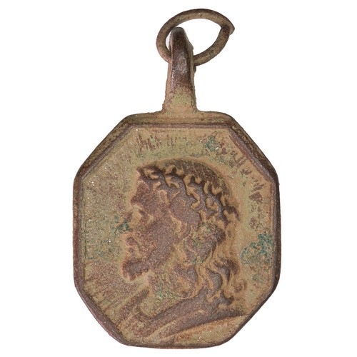 Médaille Religieuse Ancienne XVIIe Siècle En Bronze - Christ Et Vierge - Pendentif