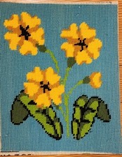 Vtg Retro Needlepoint Canvas Yellow Flowers Springtime 8x10"
