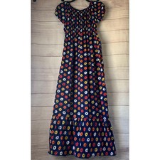 Navy Blue Colorful Floral Maxi Dress Textured Puckered Short Puff Sleeves
