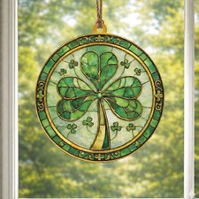 Stained Glass Effect Shamrock Suncatcher - 6 Inch Round St. Patrick's Day Window