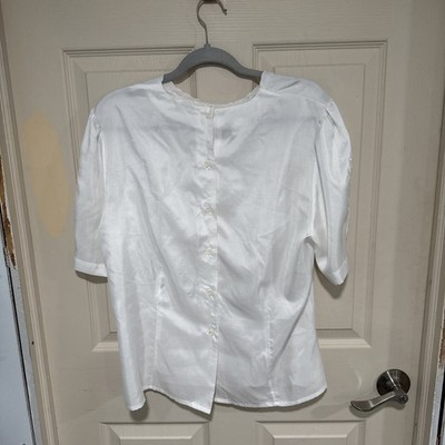 Vintage NICOLA Cream Embroidered Blouse Elegant Old Money Satin Button 80s