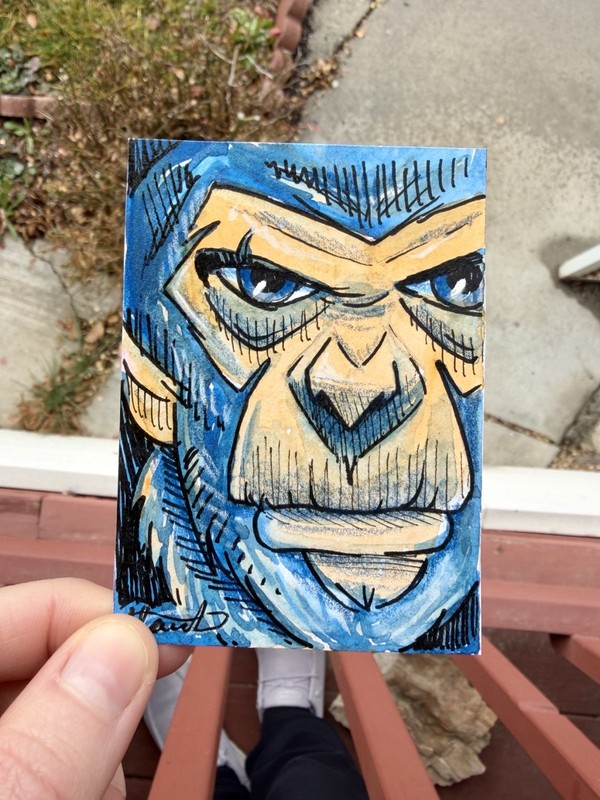Original ACEO Battle Ape by Alannah Dyer- Watercolor Painting Mini Art 2.5x3.5