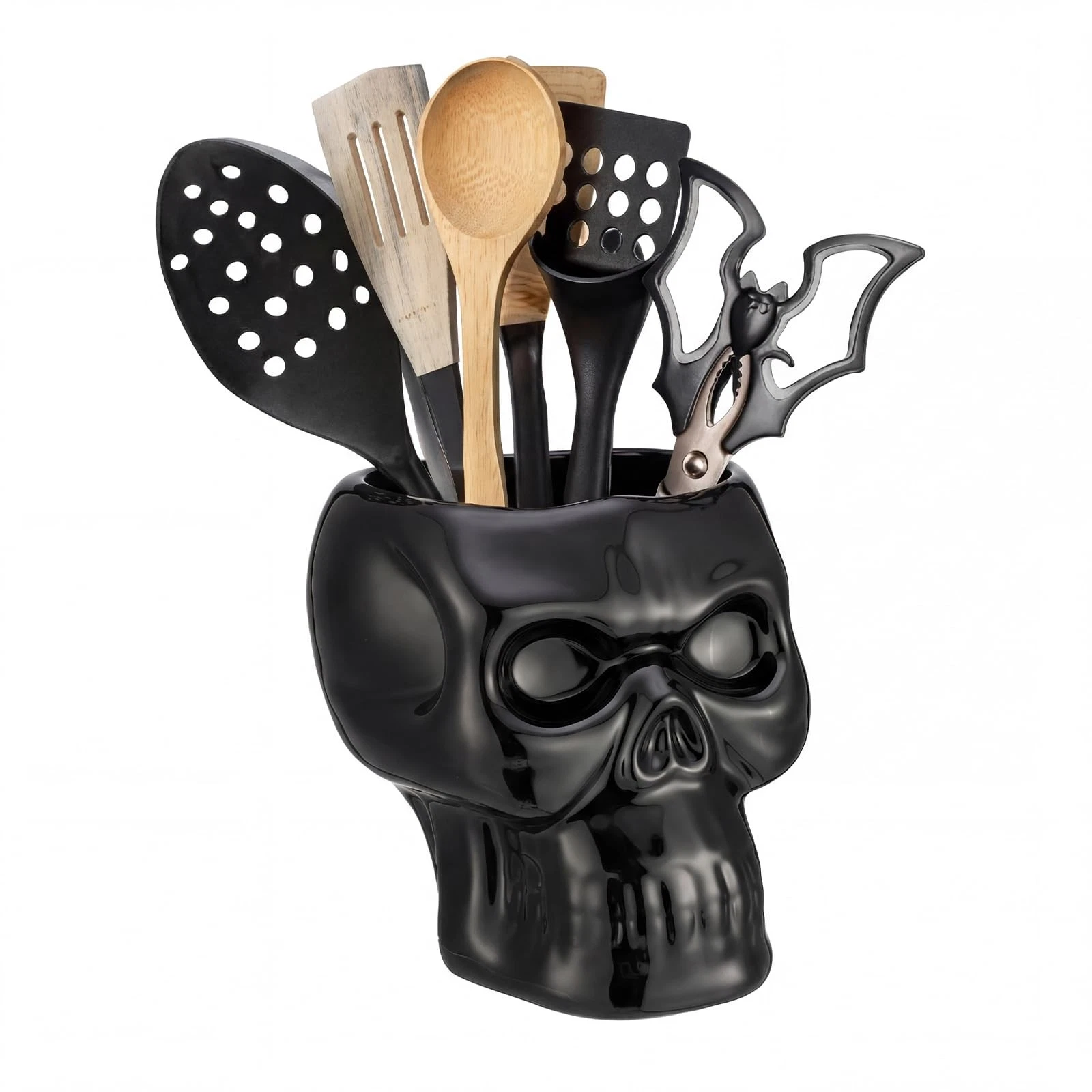 Ceramic Skull Utensil Holder for Kitchen, Gothic Kitchen Accessories, Large C...