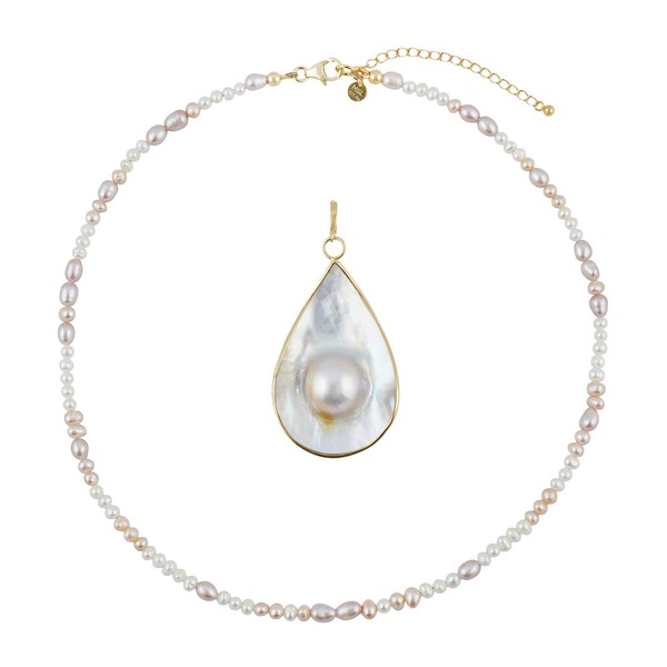 Cavill Damen Halskette Perlen Mabe 925 Silber Vergoldet Pink Weiß Tropfen-image