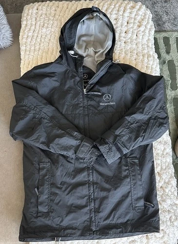 Mercedes-Benz Men's Black Hooded Full-Zip Windbreaker Jacket Logo Small video thumbnail
