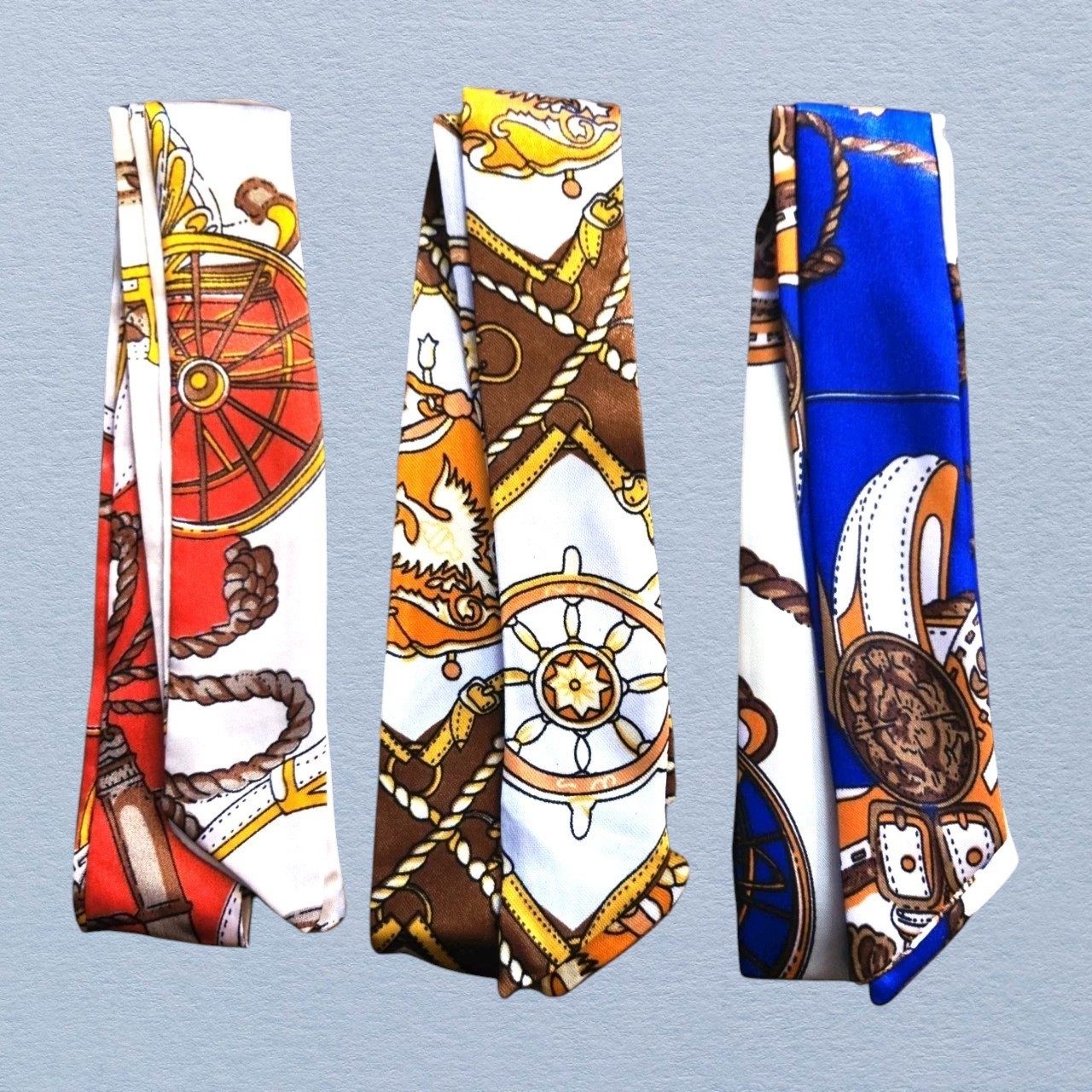 Lot of 3 Nautical Print Satin Handbag Scarves Neckerchief Wraps 32” x 1.5”