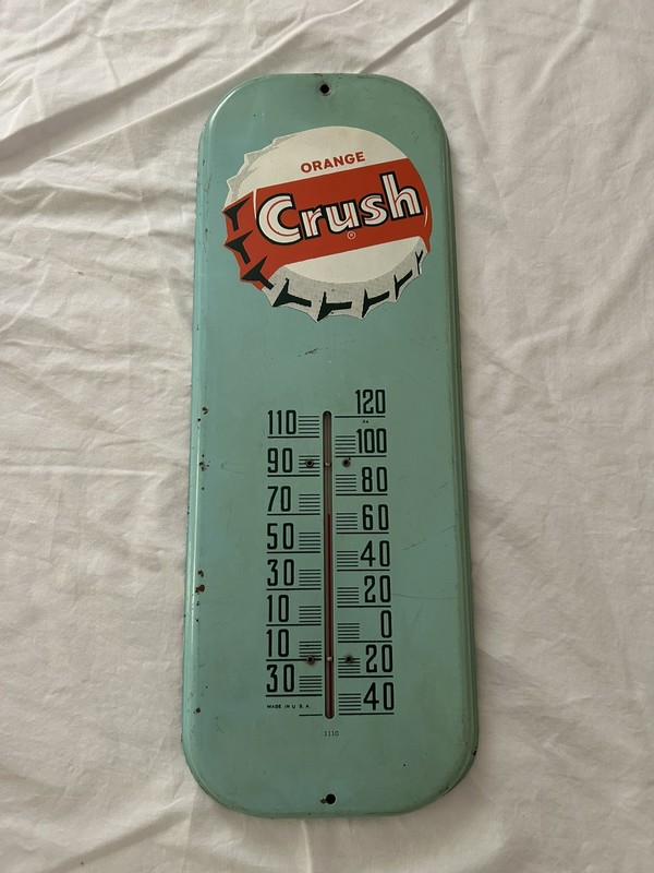 Vintage Orange Crush Soda Pop Bottle Cap Advertising Thermometer Sign