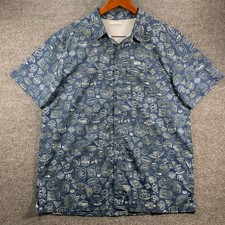 Columbia PFG Camp Shirt Men's Large Blue Logo Geometric Allover Fishing Vented